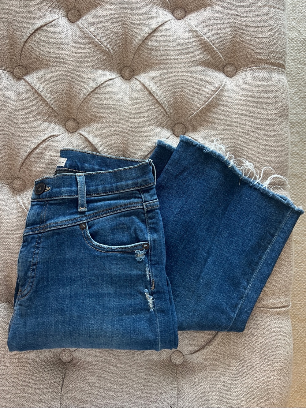 Edyson High-Rise Dark Blue Frayed-Hem Wide Leg Cropped Jeans